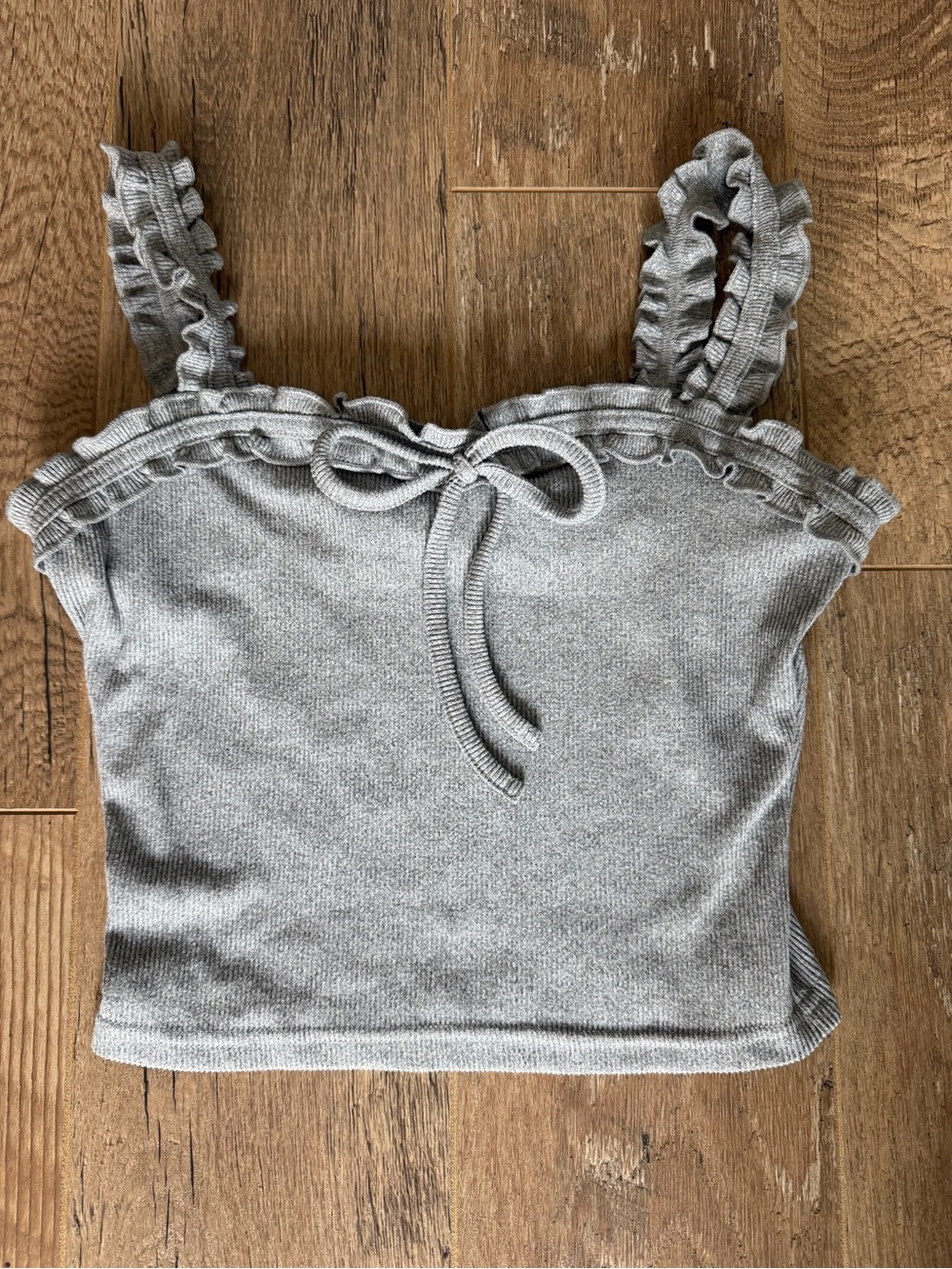 Ruffled Strap Crop Knit Tank Top - Gray